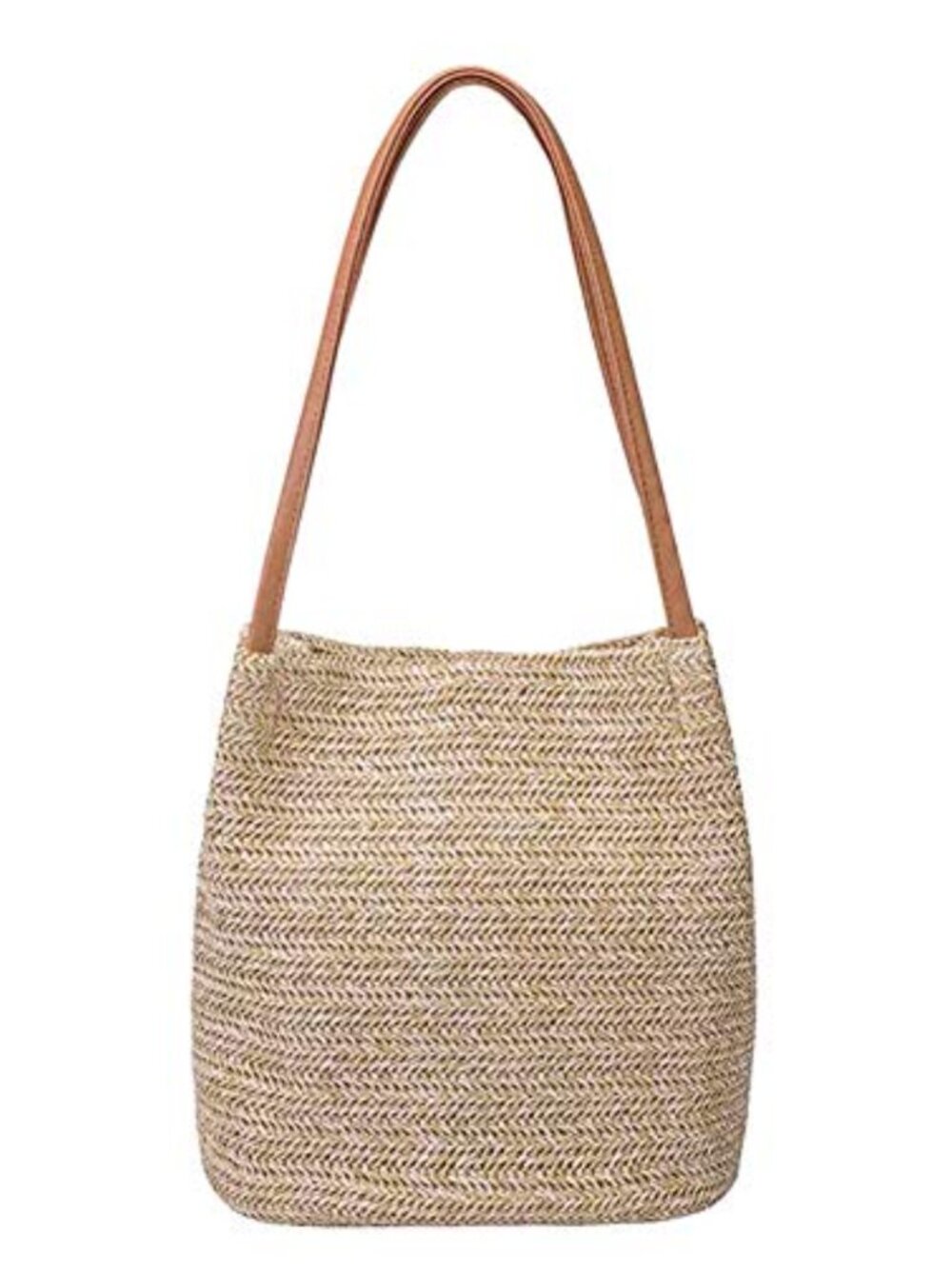 Straw Woven Tote Bag PU Leather Handles Bucket Shoulder Bag for Women Beach